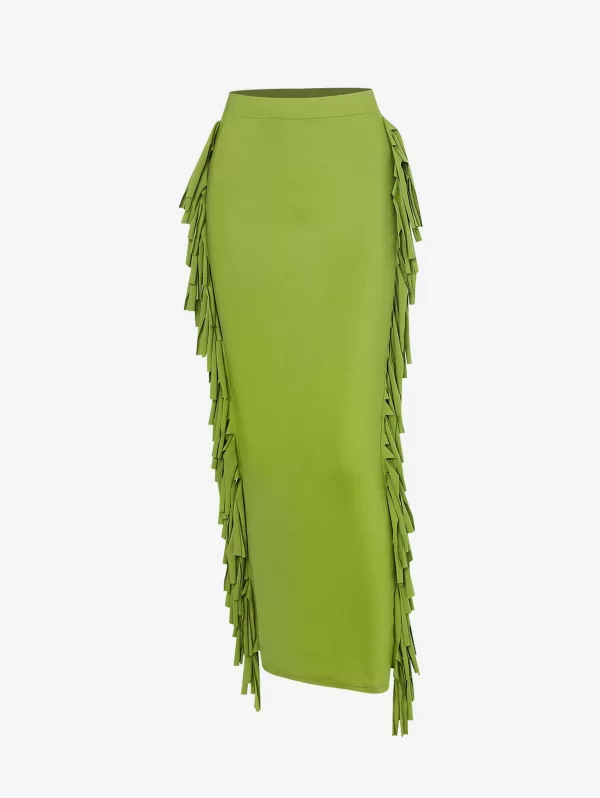 Fringed Side Slinky Maxi Skirt