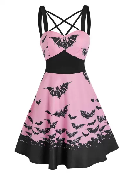 Front Strappy Bat Print Mini A Line Dress