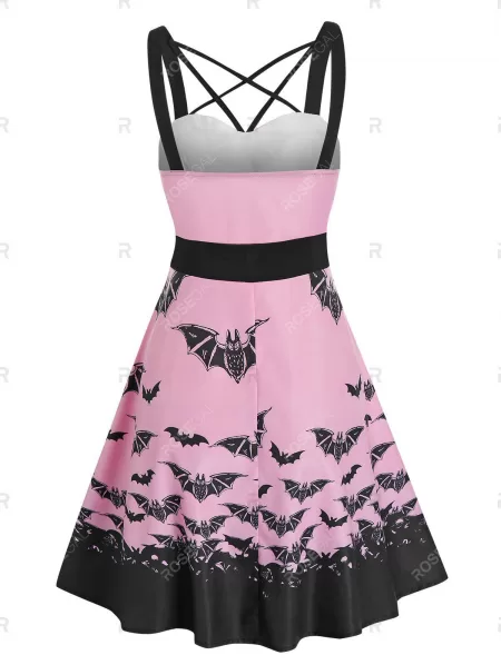 Front Strappy Bat Print Mini A Line Dress