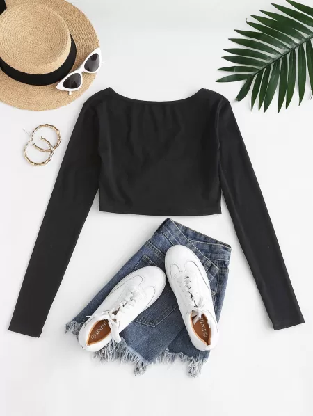 Front Tie Plunge Crop T Shirt