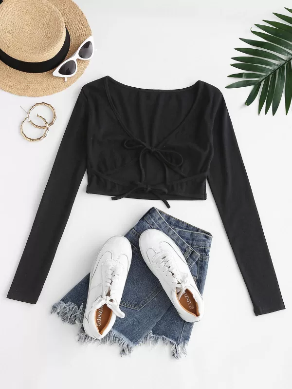 Front Tie Plunge Crop T Shirt