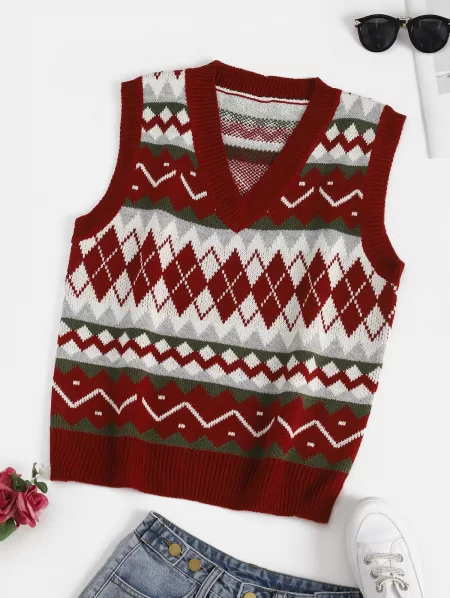 Geometric V Neck Sweater Vest