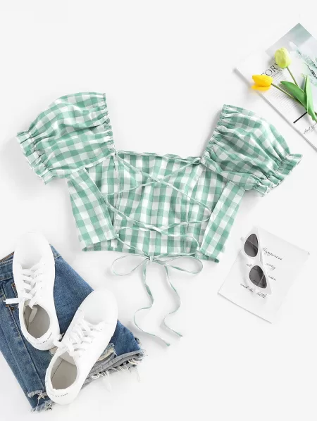 Gingham Puff Sleeve Backless Lace Up Blouse