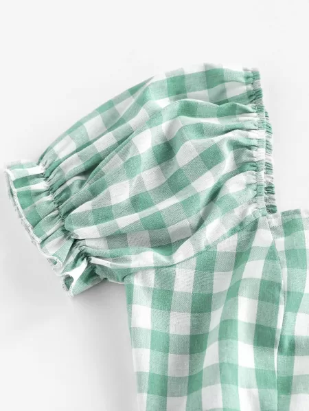 Gingham Puff Sleeve Backless Lace Up Blouse