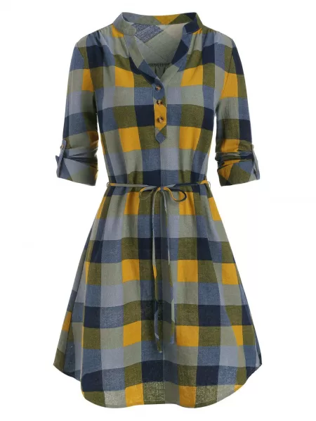 Half Button Plaid Print Belted Dress
