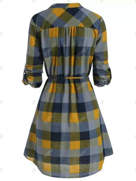 Half Button Plaid Print Belted Dress