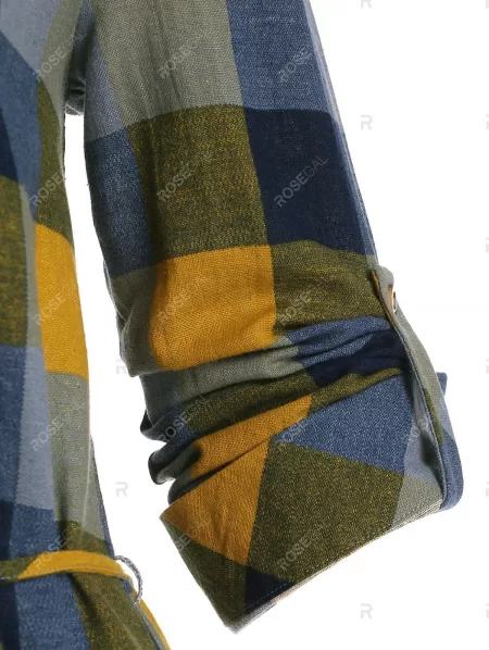 Half Button Plaid Print Belted Dress