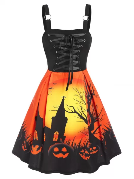Halloween Night Pumpkin Print Lace Up Mini High Waist Dress