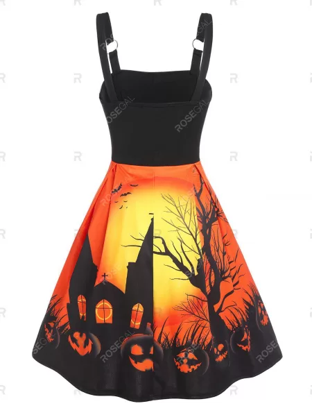 Halloween Night Pumpkin Print Lace Up Mini High Waist Dress