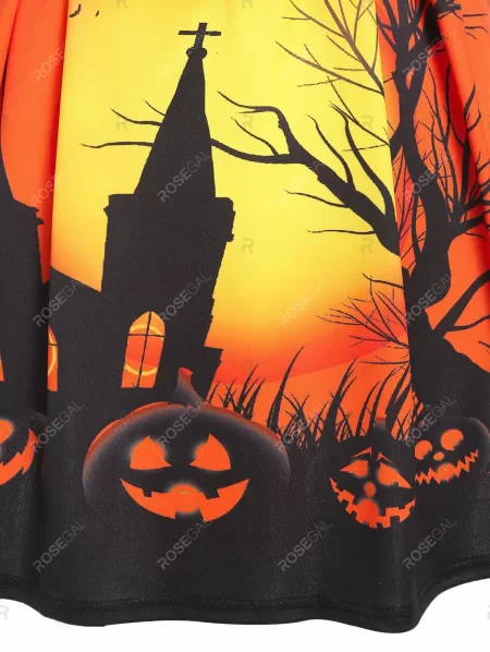 Halloween Night Pumpkin Print Lace Up Mini High Waist Dress