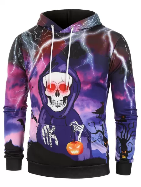 Halloween Night Skull Pumpkin Lamp Print Hoodie