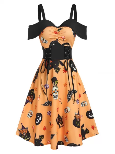 Halloween Pumpkin Animal Print Cold Shoulder Midi A Line Dress