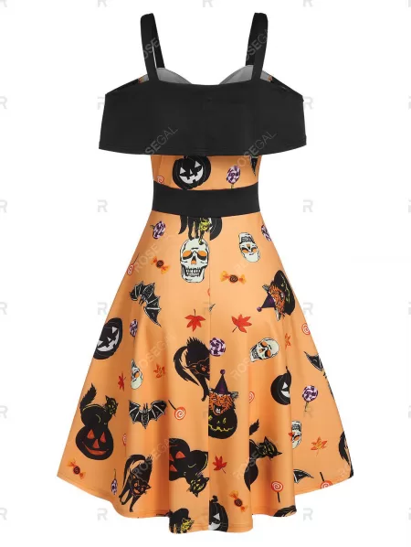 Halloween Pumpkin Animal Print Cold Shoulder Midi A Line Dress