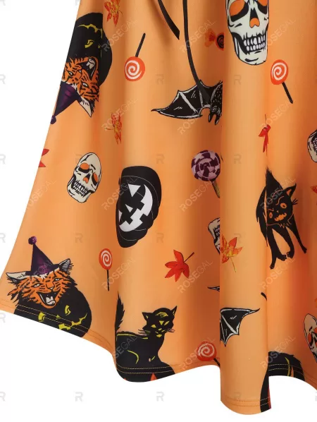 Halloween Pumpkin Animal Print Cold Shoulder Midi A Line Dress