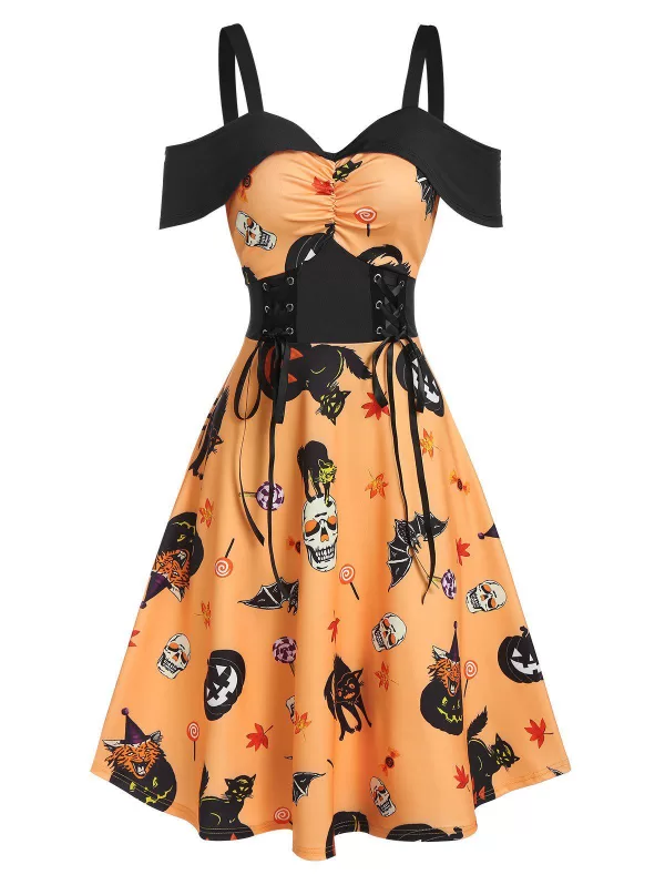 Halloween Pumpkin Animal Print Cold Shoulder Midi A Line Dress