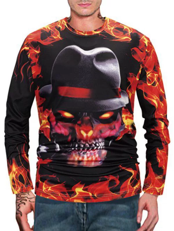 Halloween Skull Fire Flame 3d Print Long Sleeve T Shirt