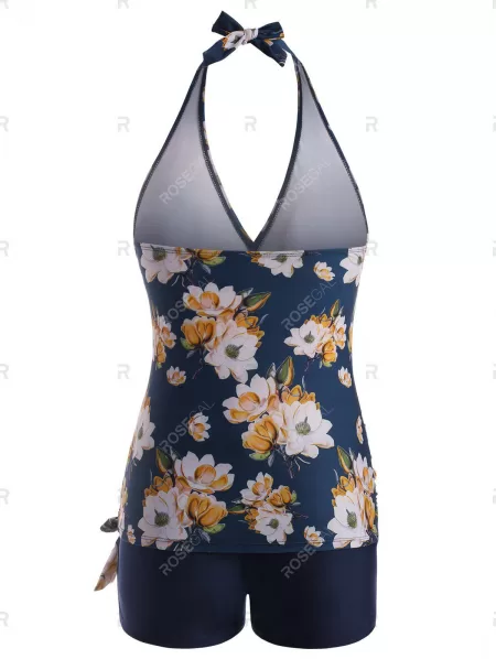 Halter Flower Print Bowknot Plunge Front Tankini Swimwear