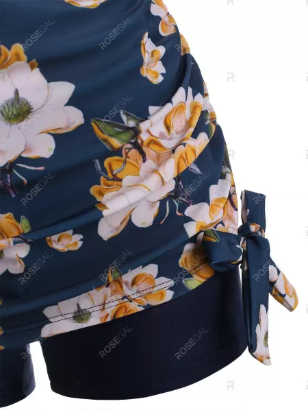 Halter Flower Print Bowknot Plunge Front Tankini Swimwear