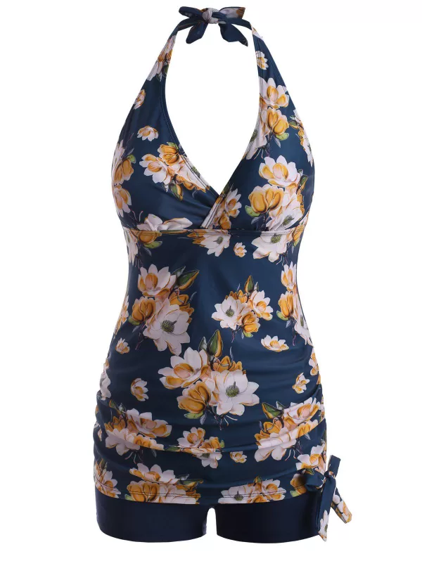 Halter Flower Print Bowknot Plunge Front Tankini Swimwear