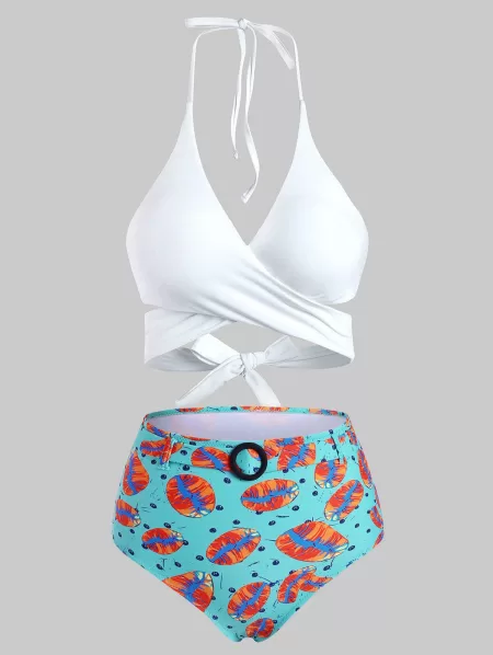 Halter Lip Print Wrap Bikini Swimwear