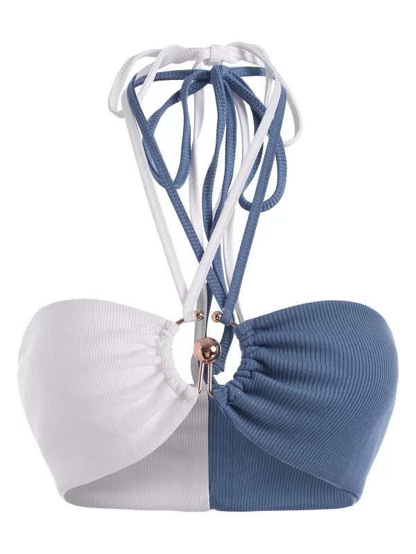 Halter Two Tone Double-layered Ribbed U-bar Bandeau Top