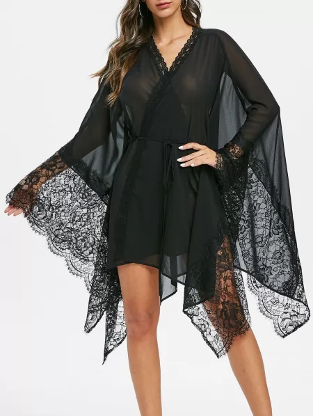 Handkerchief Lace Insert Sheer Wrap Dress