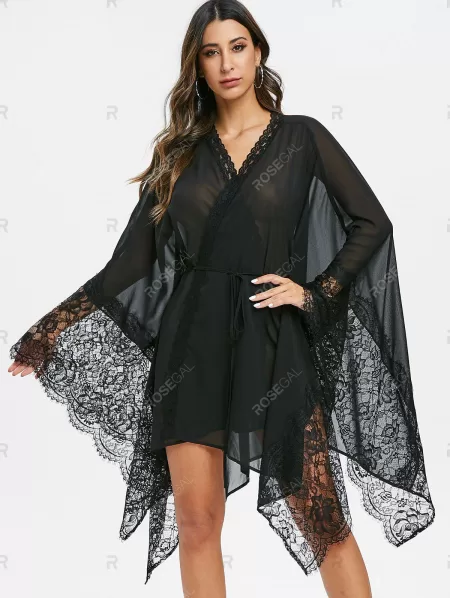 Handkerchief Lace Insert Sheer Wrap Dress