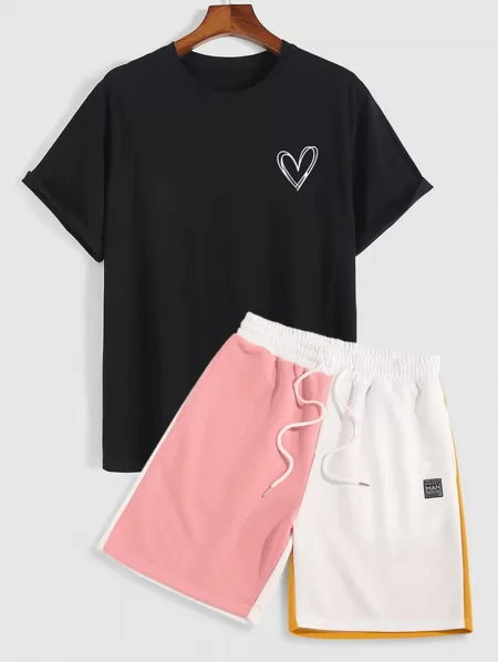Heart Pattern Short Sleeves Cotton Tee With Colorblock Sweat Shorts