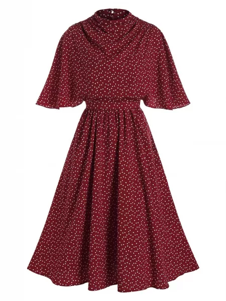 Heart Print Belted Butterfly Sleeve Dress