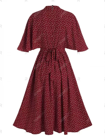 Heart Print Belted Butterfly Sleeve Dress