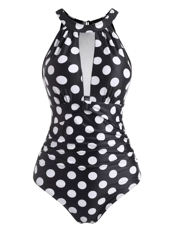 High Neck Polka Dot Mesh Panel Ruched One-piece Swimsuit