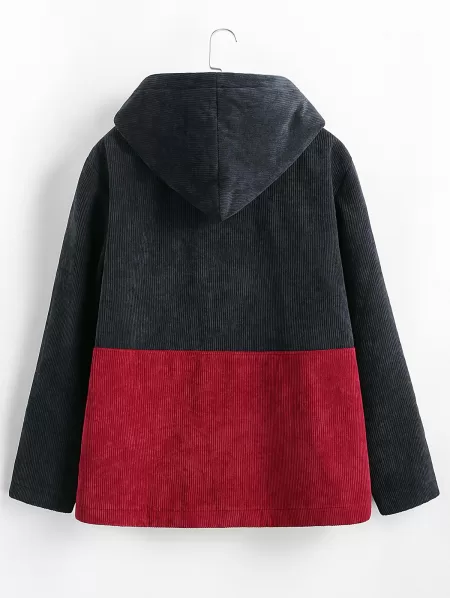 Hooded Double Pockets Contrast Corduroy Fleece Jacket