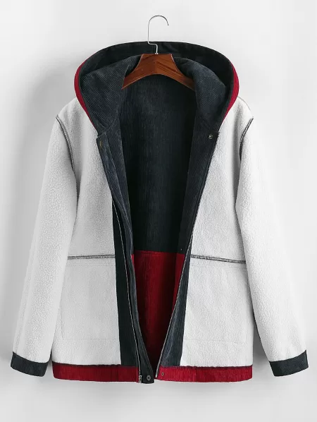 Hooded Double Pockets Contrast Corduroy Fleece Jacket