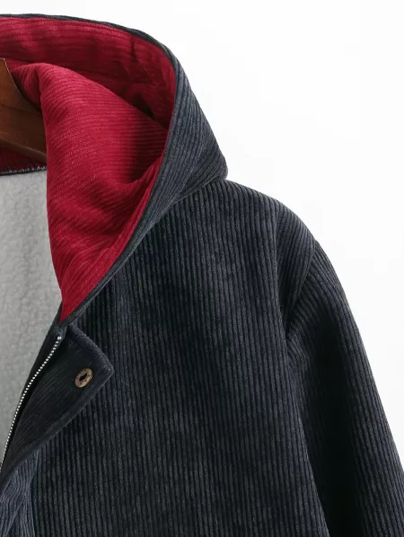 Hooded Double Pockets Contrast Corduroy Fleece Jacket