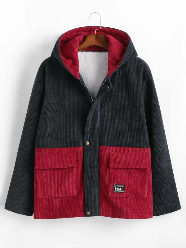Hooded Double Pockets Contrast Corduroy Fleece Jacket