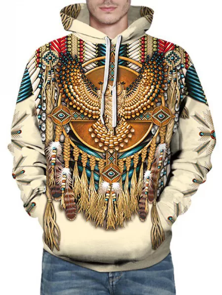Indian Eagle Pattern Front Pocket Drawstring Hoodie