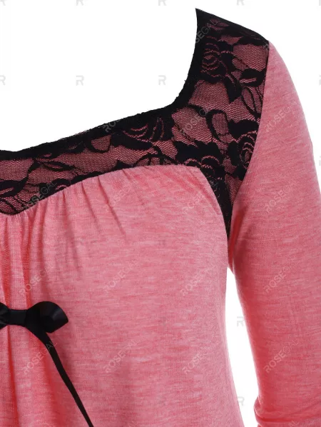 Lace Panel Bowknot Colorblock Tunic T Shirt