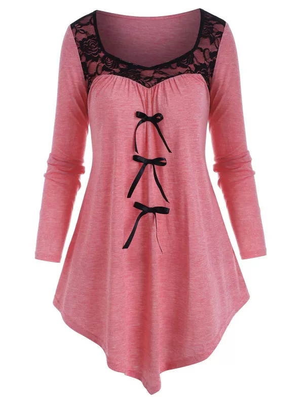 Lace Panel Bowknot Colorblock Tunic T Shirt