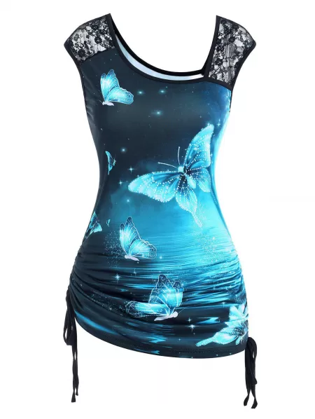 Lace Panel Cinched Galaxy Butterfly Print Tank Top