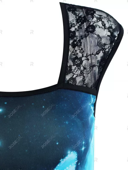 Lace Panel Cinched Galaxy Butterfly Print Tank Top