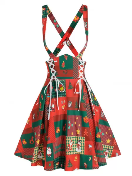 Lace Up Christmas Printed Suspender Skirt