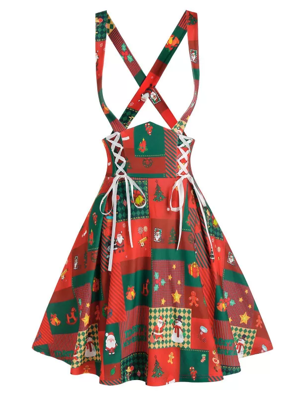 Lace Up Christmas Printed Suspender Skirt