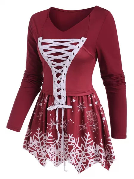 Lace-up Christmas Snowflake Print Long Sleeve Top