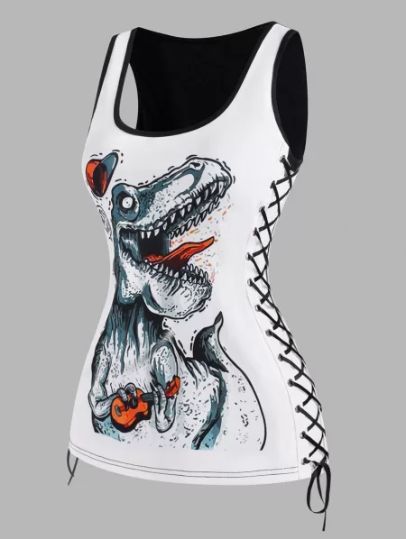 Lace Up Dragon Dinosaur Print Tank Top