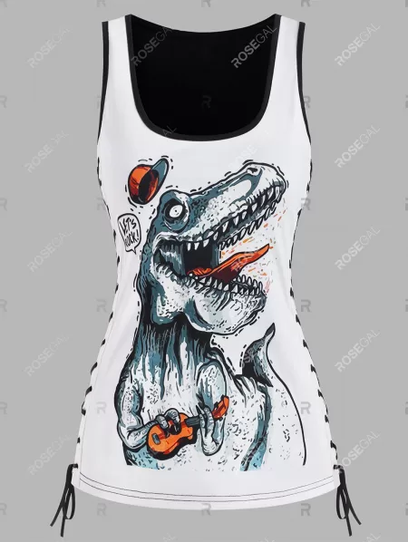 Lace Up Dragon Dinosaur Print Tank Top