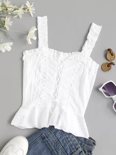 Lace Up Smocked Ruffle Lettuce Trim Top