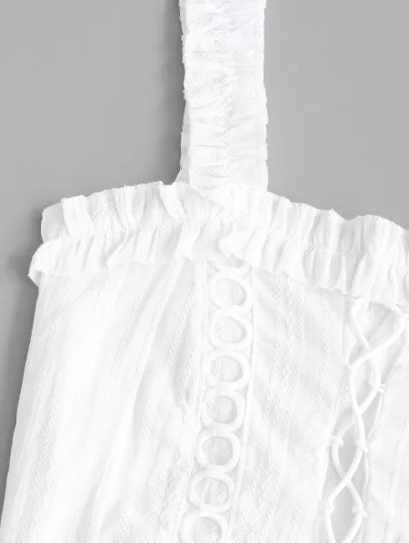 Lace Up Smocked Ruffle Lettuce Trim Top