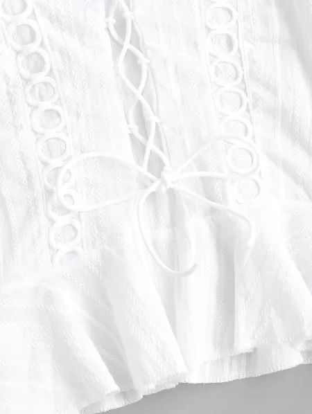 Lace Up Smocked Ruffle Lettuce Trim Top