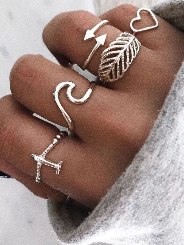 Leaf Heart Plane Shape Rings Set