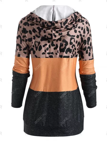 Leopard Colorblock Front Pocket Hoodie